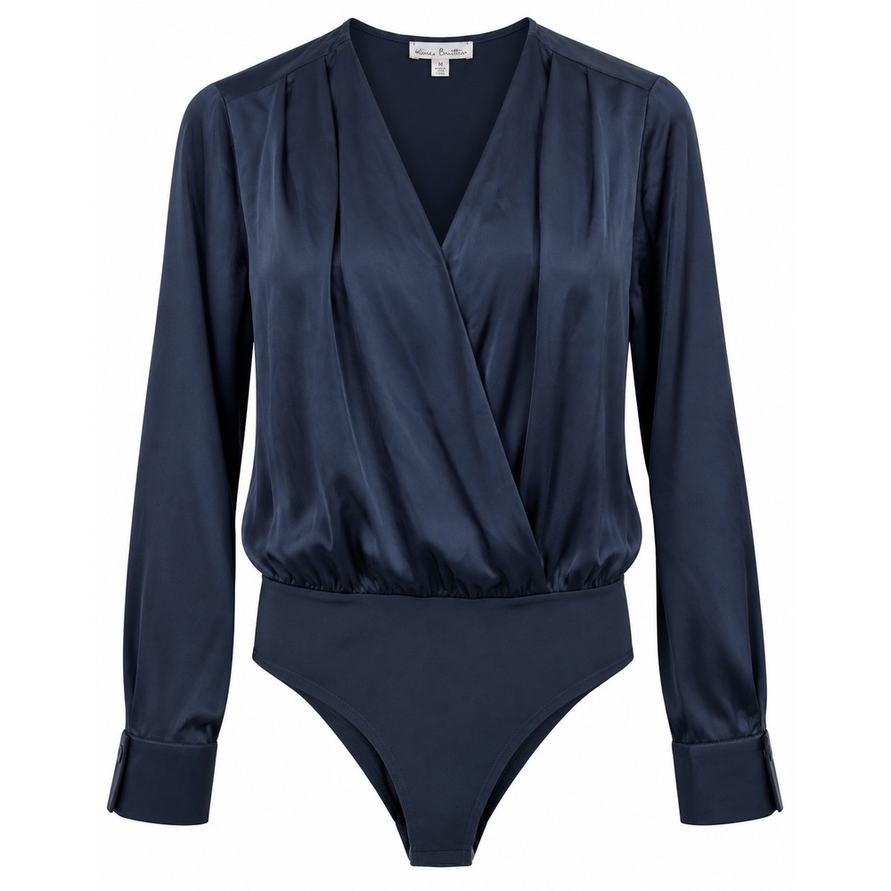Nine Britton Eva Satin Surplice Bodysuit Women Size M‎ Navy Blue NWT